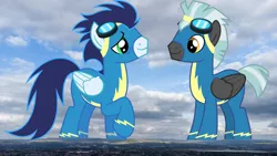 Size: 1920x1080 | Tagged: safe, artist:chainchomp2 edits, derpibooru import, edit, editor:jaredking779, soarin', thunderlane, pegasus, pony, g4, clothes, duo, duo male, folded wings, giant pony, goggles, highrise ponies, image, irl, jpeg, macro, male, mountain, photo, ponies in real life, raised hoof, scenery, smiling, stallion, story included, uniform, united kingdom, wings, wonderbolts uniform