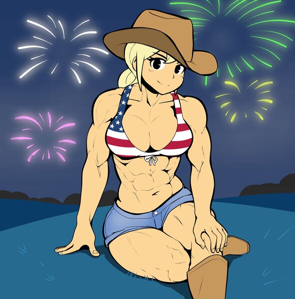 Size: 2769x2810 | Tagged: suggestive, artist:cyanrobo, derpibooru import, applejack, human, g4, 4th of july, abs, american flag bikini, amerijack, applebucking thighs, applejack's hat, applejacked, belly, belly button, bikini, bikini top, boots, breasts, busty applejack, clothes, cowboy hat, denim, female, fireworks, hat, holiday, humanized, image, jpeg, looking at you, muscles, muscular female, shoes, shorts, solo, stetson, swimsuit, thighs, thunder thighs