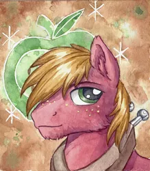 Size: 2178x2490 | Tagged: safe, artist:the-wizard-of-art, derpibooru import, big macintosh, earth pony, pony, g4, big macintosh's yoke, ear fluff, freckles, high res, horse collar, image, jpeg, looking at you, male, solo, stallion, traditional art, watercolor painting, yoke