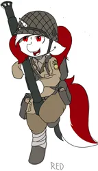 Size: 744x1305 | Tagged: safe, artist:mairiathus, derpibooru import, oc, oc:red rocket, pony, unicorn, ammunition belt, boots, clothes, female, helmet, horn, image, mare, png, rocket launcher, shoes, soldier, weapon, world war ii