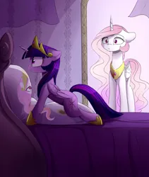 Size: 2400x2845 | Tagged: suggestive, alternate version, artist:magnaluna, derpibooru import, princess celestia, twilight sparkle, twilight sparkle (alicorn), alicorn, pony, g4, bed, body pillow, caught, crown, duo, duo female, female, floppy ears, folded wings, high res, hoof shoes, image, implied humping, implied masturbation, indoors, jewelry, jpeg, lesbian, mare, on bed, peytral, pink-mane celestia, princess shoes, regalia, ship:twilestia, shipping, tail, wide eyes, wings