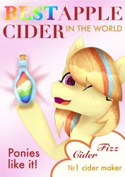 Size: 2480x3508 | Tagged: safe, artist:aasuri-art, derpibooru import, oc, oc:cider fizz, unofficial characters only, earth pony, pony, advertisement, artfight, artfight 2024, bangs, cider, freckles, half body, high res, image, looking at you, one eye closed, open mouth, pink eyes, png, shiny eyes, shiny mane, smiling, smiling at you, solo, yellow skin