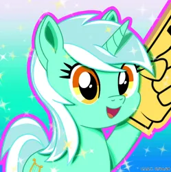 Size: 1980x1986 | Tagged: safe, artist:codenamekid, derpibooru import, lyra heartstrings, pony, unicorn, g4, background pony, cel shading, cute, female, foam finger, gradient background, highlights, horn, image, looking at you, lyrabetes, mare, open mouth, open smile, outline, png, raised hoof, shading, smiling, smiling at you, solo, sparkles