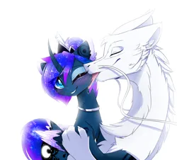 Size: 2480x2240 | Tagged: safe, artist:magnaluna, derpibooru import, princess luna, oc, oc:zefiroth, alicorn, dragon, pony, g4, alternate hairstyle, blushing, body markings, canon x oc, cheek fluff, chest fluff, claws, collar, colored pupils, colored wings, colored wingtips, couple, crown, curved horn, cute, dragon oc, duo, duo male and female, ear fluff, embrace, ethereal mane, ethereal tail, eyes closed, eyeshadow, female, floppy ears, fluffy, folded wings, galaxy mane, hair bun, high res, horn, image, jewelry, jpeg, licking, lunabetes, makeup, male, mare, multicolored wings, neck fluff, necklace, non-pony oc, one eye closed, paws, regalia, shipping, simple background, smiling, straight, tail, tongue out, white background, wings