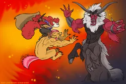 Size: 1280x856 | Tagged: safe, artist:kaemantis, ponerpics import, babs seed, lord tirek, twist, centaur, pony, werewolf, fangs, fight, glasses, image, jpeg