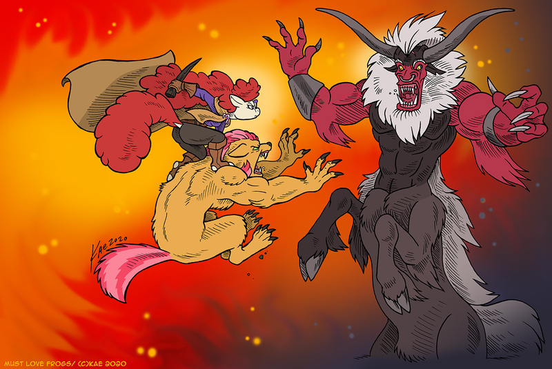 Size: 1400x936 | Tagged: safe, artist:kaemantis, ponerpics import, babs seed, lord tirek, twist, centaur, pony, werewolf, claws, fangs, fight, image, jpeg