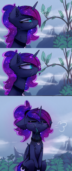 Size: 1500x3538 | Tagged: safe, artist:magnaluna, derpibooru import, princess luna, alicorn, cat, cat pony, original species, pony, g4, 3 panel comic, blushing, catnip, cheek fluff, chest fluff, comic, ear fluff, eating, ethereal mane, eyes closed, female, floppy ears, folded wings, horn, image, looking at something, mare, mountain, nom, outdoors, plant, png, profile, side view, sitting, slit pupils, sniffing, solo, whiskers, wings