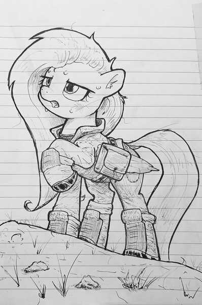 Size: 857x1291 | Tagged: safe, artist:whiskeypanda, derpibooru import, fluttershy, pegasus, pony, bag, clothes, folded wings, image, ink drawing, jpeg, lined paper, messy mane, saddle bag, solo, sweat, traditional art, uniform, wings