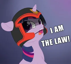 Size: 2693x2423 | Tagged: safe, artist:zippysqrl, derpibooru import, twilight sparkle, pony, g4, caption, cute, female, floppy ears, helmet, high res, i am the law, image, jpeg, judge dredd, looking at you, open mouth, solo, text, the smiling pony, twiabetes, yelling, ＃unicorn