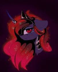 Size: 2400x2967 | Tagged: safe, artist:magnaluna, derpibooru import, princess luna, alicorn, pony, g4, alternate hair color, blood moon luna, bust, constellation, constellation hair, crown, curved horn, female, high res, horn, image, jewelry, jpeg, looking at you, mare, portrait, profile, regalia, side view, slit pupils, solo