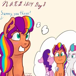 Size: 1280x1280 | Tagged: safe, artist:gosupermarinespitfire, derpibooru import, pipp petals, sunny starscout, zipp storm, earth pony, pegasus, pony, g5, atg 2024, blushing, dialogue, female, grin, hoof around neck, image, jpeg, kiss on the cheek, kissing, lesbian, mane stripe sunny, mare, newbie artist training grounds, offscreen character, polyamory, ship:petalscout, ship:sunnystorm, shipping, simple background, smiling, thought bubble, trio, trio female, yellow background