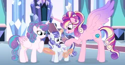 Size: 1280x671 | Tagged: safe, artist:velveagicsentryyt, derpibooru import, princess cadance, princess flurry heart, oc, oc:sparkling lapis, pony, brush, colt, foal, image, magic, male, offspring, older, parent:princess cadance, parent:shining armor, parents:shiningcadance, png