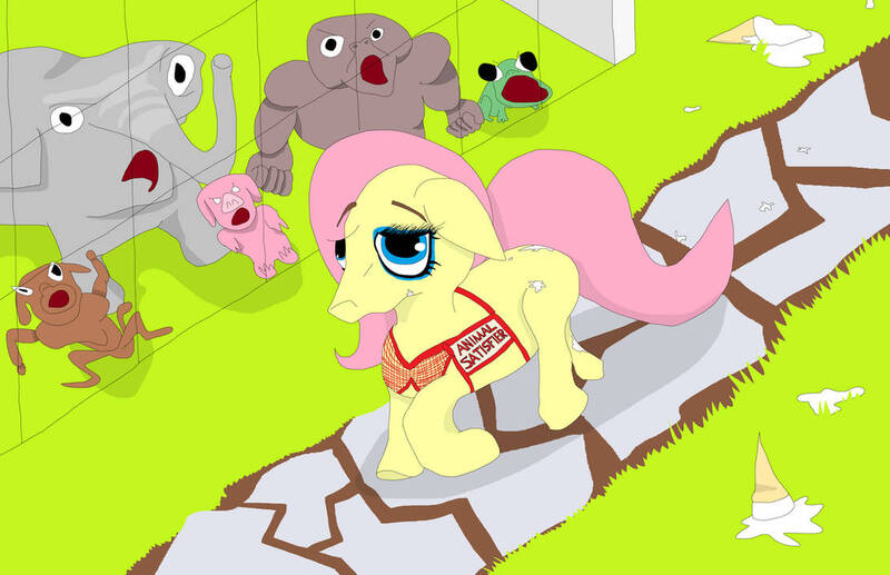 Size: 1112x718 | Tagged: suggestive, artist:sikojensika, derpibooru import, fluttershy, earth pony, elephant, frog, gorilla, monkey, pig, pony, angry, cage, crappy art, earth pony fluttershy, eyeshadow, floppy ears, food, ice cream, ice cream cone, image, implied bestiality, implied interspecies, implied sex, implied zoophilia, jpeg, makeup, not cum, not milk, outdoors, path, race swap, wat, wtf, zoo