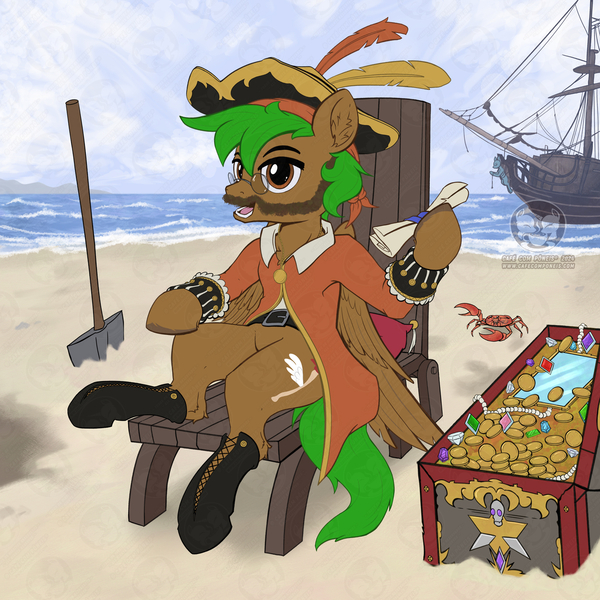 Size: 1250x1250 | Tagged: safe, artist:calena, derpibooru import, oc, oc:peatmoss, unofficial characters only, crab, pegasus, pony, beach, beard, colored, facial hair, flat colors, gold, image, jewelry, jpeg, mirror, ocean, outfit, pegasus oc, shovel, solo, treasure, treasure chest, water, wings