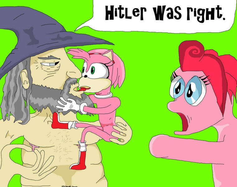 Size: 1007x793 | Tagged: suggestive, artist:sikojensika, derpibooru import, pinkie pie, amy rose, beard, chest hair, crappy art, crossover, crossover shipping, dialogue, dialogue box, facial hair, female, gandalf, green background, hairy chest, image, implied hitler, jpeg, kissing, male, nipple pull, not salmon, nudity, obligatory pony, shipping, simple background, sonic the hedgehog (series), speech bubble, story included, straight, text, wat, wtf