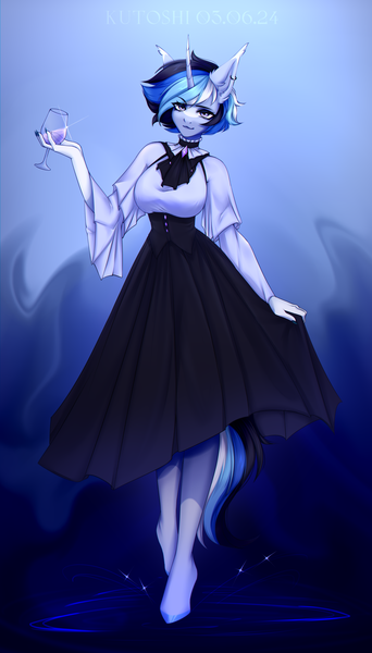 Size: 1708x3000 | Tagged: safe, artist:kutoshi, derpibooru import, anthro, unguligrade anthro, unicorn, clothes, dress, ear fluff, female, horn, image, looking at you, png, solo, standing