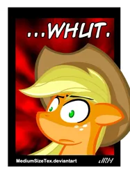 Size: 500x667 | Tagged: safe, artist:texasuberalles, derpibooru import, applejack, earth pony, pony, g4, abstract background, caption, cowboy hat, female, hat, image, image macro, jpeg, mare, meme, reaction image, solo, text, wat