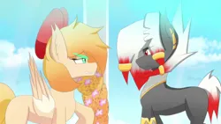 Size: 1920x1080 | Tagged: safe, artist:damario, derpibooru import, oc, oc:ashe, oc:kalya sunlight, unofficial characters only, earth pony, pegasus, anime style, bow, ear piercing, hair bow, image, irisya, jewelry, looking at each other, looking at someone, piercing, png, youtube link