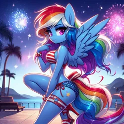 Size: 1024x1024 | Tagged: safe, ai content, derpibooru import, machine learning generated, prompter:glimmy-glam, rainbow dash, anthro, 4th of july, american flag bikini, beach, bench, bikini, bracelet, breasts, clothes, evening, fireworks, generator:dall-e 3, high heels, holiday, image, independence day, jewelry, jpeg, looking at you, ocean, palm tree, railing, shoes, side view, smiling, swimsuit, tree, united states, water, wrong cutie mark, wrong eye color