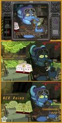 Size: 1586x3122 | Tagged: semi-grimdark, artist:devorierdeos, derpibooru import, oc, oc:smold, unofficial characters only, dragon, fallout equestria, balefire bomb, cigar, city, cityscape, clothes, fallout series, image, interface, library, lighter, military uniform, new canterlot, nuclear explosion, nuclear winter, png, radiation, ruins, solo, uniform, wasteland, weapon