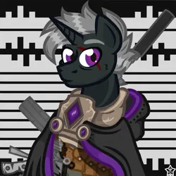 Size: 1024x1024 | Tagged: safe, artist:devorierdeos, derpibooru import, oc, oc:black pawn, unofficial characters only, unicorn, fallout equestria, armor, bust, eye scar, facial scar, flack, horn, image, invisibility cloak, png, portrait, raincoat, scar, solo, zebra rifle