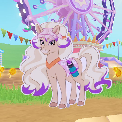 Size: 521x520 | Tagged: safe, derpibooru import, horse, bailey (wild manes), banner, cardboard cutout, clothes, ears up, equine, ferris wheel, full body, game screencap, gradient muzzle, hat, image, long mane, looking at you, multicolored body, multicolored hair, pc game, png, roblox, saddle, smiling, smiling at you, tack, video game, water bottle, wild manes, wild manes on roblox