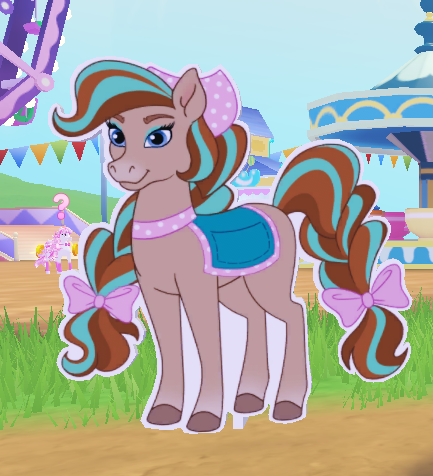 Size: 433x476 | Tagged: safe, derpibooru import, horse, banner, cardboard cutout, clothes, cocoa (wild manes), ears up, equine, ferris wheel, full body, gradient muzzle, headscarf, image, jewelry, long mane, looking at you, multicolored body, multicolored hair, necklace, pc game, png, roblox, saddle, scarf, smiling, smiling at you, tack, video game, wild manes, wild manes on roblox