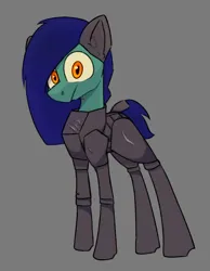 Size: 670x863 | Tagged: safe, artist:cotarsis, derpibooru import, oc, unofficial characters only, earth pony, pony, ambiguous gender, armor, armored legs, blue mane, blue tail, colored sclera, ear fluff, earth pony oc, frown, gray background, green coat, image, leg armor, long mane, looking at you, orange eyes, png, simple background, sketch, solo, tail, thin legs, yellow sclera