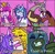 Size: 1013x1000 | Tagged: safe, artist:dapperlilarts, derpibooru import, applejack, discord, princess cadance, queen chrysalis, rarity, shining armor, trouble shoes, alicorn, changeling, changeling queen, draconequus, earth pony, pony, unicorn, g4, collar, comic, eyebrows, eyebrows visible through hair, eyes closed, female, gay, grin, horn, image, kiss on the lips, kissing, leash, lesbian, looking at you, male, male pregnancy, mare, mouth hold, one eye closed, pet play, png, pregnant, pride month, purple background, rarijack, ship:shiningcadance, shipping, simple background, smiling, stallion, straight, text, thumbs up, wink, winking at you