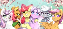 Size: 3516x1615 | Tagged: safe, artist:avrameow, derpibooru import, apple bloom, babs seed, diamond tiara, scootaloo, silver spoon, sweetie belle, earth pony, pegasus, pony, unicorn, g4, clothes, cutie mark crusaders, eyes closed, goldie delicious' shawl, grin, group photo, high res, hoof around neck, horn, image, looking at you, older, older apple bloom, older babs seed, older cmc, older diamond tiara, older scootaloo, older silver spoon, older sweetie belle, open mouth, open smile, png, shawl, smiling, smiling at you