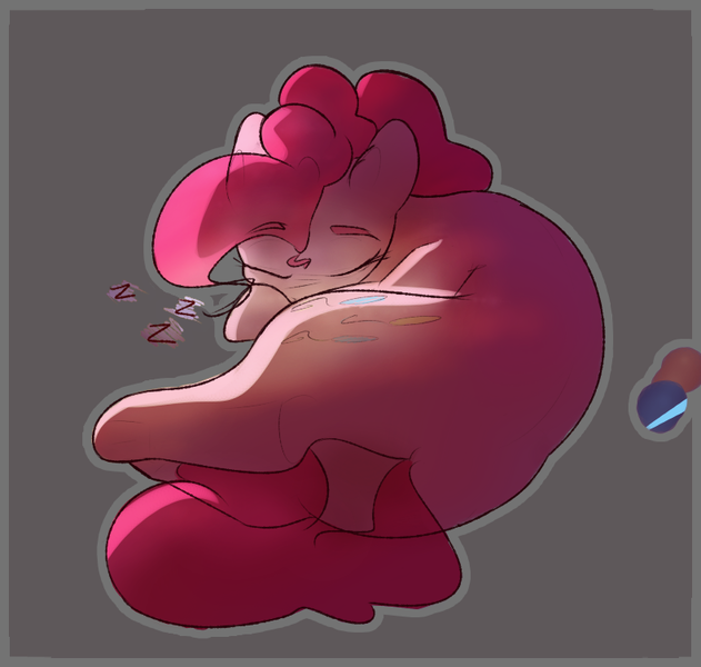 Size: 791x752 | Tagged: safe, artist:newpone, derpibooru import, pinkie pie, earth pony, pony, g4, balloonbutt, butt, curled up, cute, diapinkes, eyebrows, eyebrows visible through hair, eyes closed, female, image, mare, onomatopoeia, plot, png, rear view, simple background, sleeping, solo, sound effects, zzz