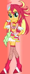 Size: 412x997 | Tagged: safe, artist:bender1567, artist:ketrin29, derpibooru import, sunset shimmer, human, equestria girls, g4, alternate hairstyle, base used, boots, clothes, cosplay, costume, crossover, cure flamingo, fingerless gloves, gloves, hand on hip, high heel boots, image, looking at you, png, precure, red background, shoes, simple background, smiling, smiling at you, solo