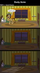 Size: 1920x3516 | Tagged: safe, artist:platinumdrop, derpibooru import, derpy hooves, oc, oc:dusty hooves, pony, comic:dusty acres, 3 panel comic, bed, blanket, comic, commission, door, female, filly, foal, hat, image, night, png, sleeping, window, younger