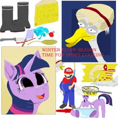 Size: 884x904 | Tagged: grimdark, suggestive, artist:sikojensika, derpibooru import, twilight sparkle, book, boots, breasts, clothes, crossover, crossover shipping, food, gloves, image, jpeg, knife, kungfu panda, mario, meat hook, mr ping, noodles, shipping, shoes, super mario bros., weird description, wtf