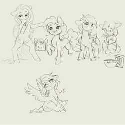 Size: 4000x4000 | Tagged: safe, artist:miokomata, derpibooru import, applejack, fluttershy, pinkie pie, rainbow dash, rarity, twilight sparkle, earth pony, pegasus, pony, unicorn, g4, absurd resolution, apple jacks, bipedal, bookhorse, cereal, clothes, cube pony, female, food, grayscale, hoof hold, horn, image, jpeg, mane six, mare, monochrome, reading, simple background, sketch, socks, spread wings, stockings, thigh highs, toeless legwear, toeless stockings, upside down, white background, wings