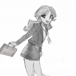 Size: 2048x2048 | Tagged: safe, artist:sugarcube269, derpibooru import, sunset shimmer, human, equestria girls, g4, briefcase, clothes, female, grayscale, id card, image, jpeg, looking at you, monochrome, office lady, open mouth, sketch, skirt, skirt suit, smiling, solo, suit