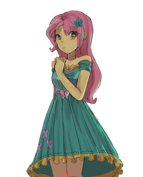 Size: 1656x2048 | Tagged: safe, artist:sugarcube269, derpibooru import, fluttershy, human, equestria girls, g4, bare shoulders, blushing, butterfly hairpin, clothes, dress, female, image, jpeg, looking at you, simple background, solo, strapless, white background