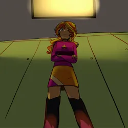 Size: 2048x2048 | Tagged: safe, artist:dusknebula, artist:sugarcube269, derpibooru import, sunset shimmer, human, equestria girls, g4, boots, bully, ceiling light, clothes, crossed arms, eye clipping through hair, female, hair over one eye, high heel boots, image, jpeg, lockers, looking at you, looking down, looking down at you, offscreen character, pov, shirt, shoes, skirt, solo