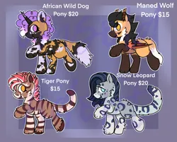 Size: 2505x2013 | Tagged: safe, artist:bluemoon, derpibooru import, oc, unnamed oc, unofficial characters only, bat pony, big cat, cat, cat pony, dog, dog pony, earth pony, hybrid, leopard, original species, pony, snow leopard, tiger, unicorn, adoptable, advertisement, african wild dog, african wild dog pony, back fluff, bat wings, blue mouth, blue tongue, cat tail, cheek fluff, coat markings, colored muzzle, colored pinnae, colored wings, commission info, cyan eyes, design, dog tail, ear tufts, female, folded wings, golden eyes, gradient mane, group, horn, hybrid oc, image, lavender background, leopard pony, male, maned wolf, maned wolf pony, mare, obtrusive watermark, open mouth, orange eyes, pale belly, passepartout, paws, png, purple background, purple eyes, purple mouth, quartet, raised paw, sale, simple background, snow leopard pony, socks (coat marking), stallion, stripes, tail, tiger pony, unshorn fetlocks, watermark, wings, yellow eyes