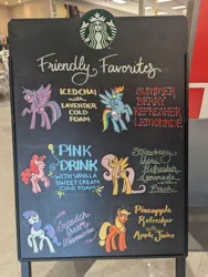 Size: 3072x4080 | Tagged: safe, derpibooru import, applejack, fluttershy, pinkie pie, rainbow dash, rarity, twilight sparkle, alicorn, earth pony, pegasus, pony, unicorn, g4, chalkboard, female, horn, image, mare, photo, png, starbucks, traditional art