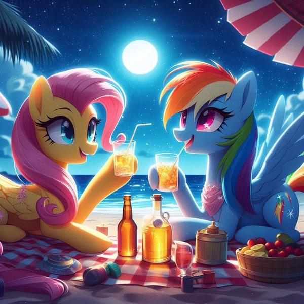 Size: 1024x1024 | Tagged: safe, ai content, derpibooru import, machine learning generated, fluttershy, rainbow dash, pegasus, pony, g4, alcohol, beach, drink, drinking, drinking straw, duo, folded wings, happy, image, jpeg, lying down, moon, ocean, open mouth, outdoors, picnic, picnic blanket, sand, spread wings, stars, summer, vacation, water, wings, wrong cutie mark