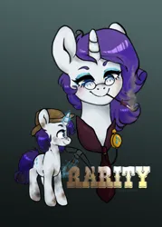 Size: 828x1159 | Tagged: safe, artist:broccolidad, derpibooru import, rarity, pony, 2013, alternate universe, dirt, dirty, female, filly, foal, glasses, hat, image, makeup, necktie, pickaxe, png, rags to riches, simple background, smiling, smoking, solo, then and now, watch, younger