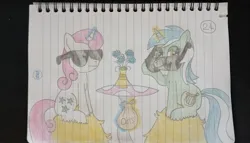 Size: 1470x839 | Tagged: safe, artist:anonymous, derpibooru import, lyra heartstrings, pony, unicorn, g4, /bale/, colored, duo, female, flower, food, glow, glowing horn, haystack, horn, image, jpeg, lined paper, looking at you, magic, mare, mushroom table, newbie artist training grounds, oats, sitting, sunglasses, telekinesis, traditional art, unidentified pony