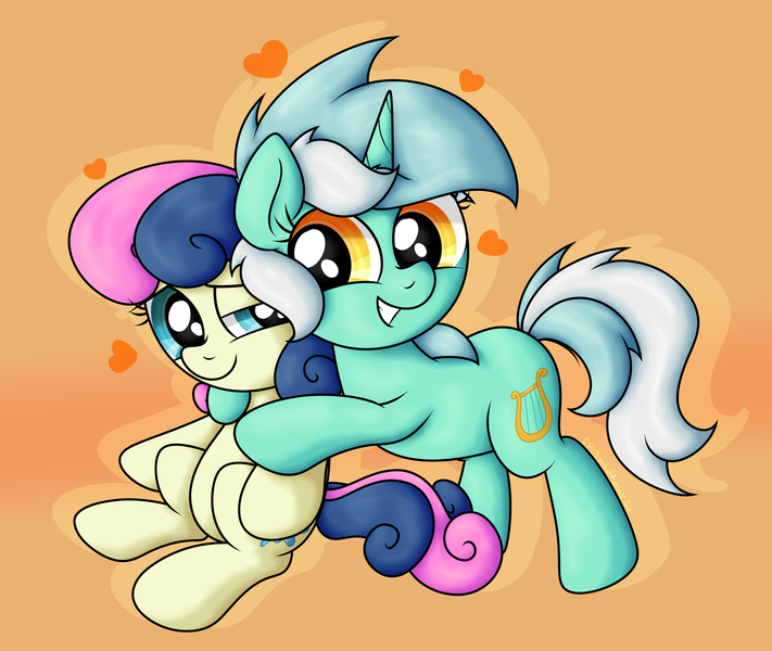 Size: 3679x3105 | Tagged: safe, artist:background basset, derpibooru import, bon bon, lyra heartstrings, sweetie drops, earth pony, pony, unicorn, g4, duo, duo female, female, gradient background, heart, horn, hug, image, lesbian, lyrabon, png, shipping, smiling