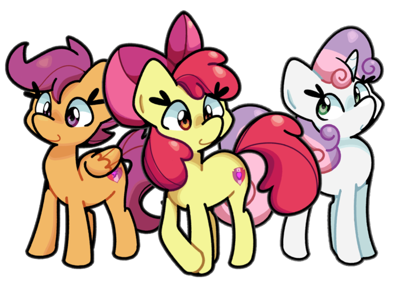 Size: 900x651 | Tagged: safe, artist:kindakismet, derpibooru import, apple bloom, scootaloo, sweetie belle, earth pony, pegasus, pony, unicorn, g4, cutie mark crusaders, female, filly, foal, horn, image, png, simple background, smiling, transparent background, trio