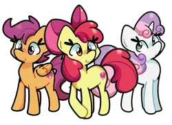 Size: 900x651 | Tagged: safe, artist:kindakismet, derpibooru import, apple bloom, scootaloo, sweetie belle, earth pony, pegasus, pony, unicorn, g4, cutie mark crusaders, female, filly, foal, horn, image, png, simple background, smiling, transparent background, trio