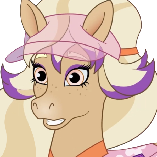 Size: 1280x1280 | Tagged: safe, artist:cupute, derpibooru import, edit, edited screencap, screencap, earth pony, horse, bailey (wild manes), blonde hair, blonde mane, bust, clothes, concerned, discord server, emotes, equine, hat, image, looking at you, multicolored hair, pink eyes, png, portrait, purple mane, solo, tan coat, wild manes, worried