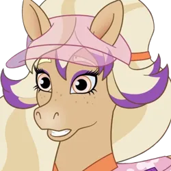 Size: 1280x1280 | Tagged: safe, artist:cupute, derpibooru import, edit, edited screencap, screencap, earth pony, horse, bailey (wild manes), blonde hair, blonde mane, bust, clothes, concerned, discord server, emotes, equine, hat, image, looking at you, multicolored hair, pink eyes, png, portrait, purple mane, solo, tan coat, wild manes, worried