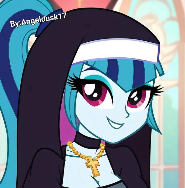 Size: 946x960 | Tagged: safe, ai content, derpibooru import, machine learning generated, prompter:angeldusk17, sonata dusk, equestria girls, g4, breasts, busty sonata dusk, church, cleavage, image, jewelry, jpeg, my little pony equestria girls: rainbow rocks, necklace, nun