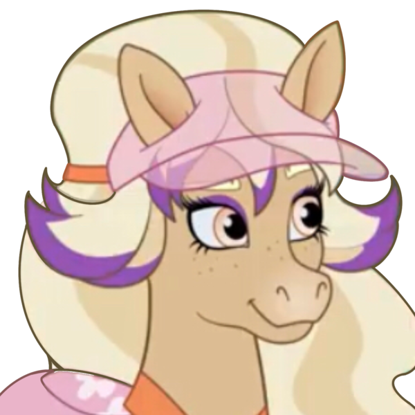 Size: 1280x1280 | Tagged: safe, artist:cupute, derpibooru import, edit, edited screencap, screencap, earth pony, horse, bailey (wild manes), blonde hair, blonde mane, bust, clothes, concerned, discord server, emotes, equine, gritted teeth, hat, image, looking to the left, multicolored hair, pink eyes, png, portrait, purple mane, sideways glance, solo, tan coat, teeth, wild manes